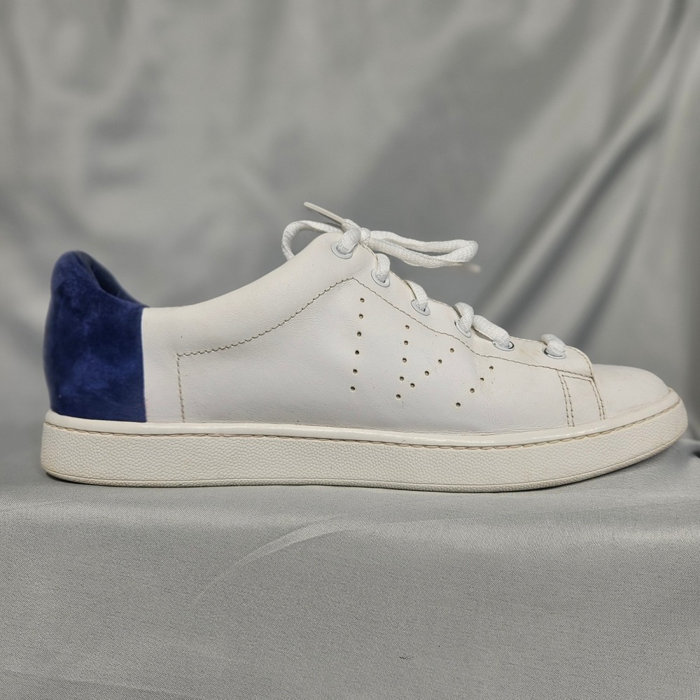 Vince Womens White Leather Low Top Sneakers Blue Suede Contrast Heel Size 8.5